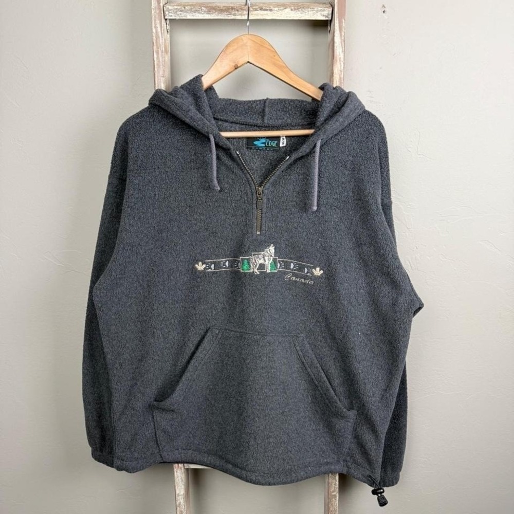 Vintage Gray‎ Pullover Hoodie Drawstring Nature Wolf Fleece Size Medium